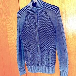 Ruff Hewn MEDIUM blue fisherman knit cardigan 2 pockets cozy cotton sweater EUC